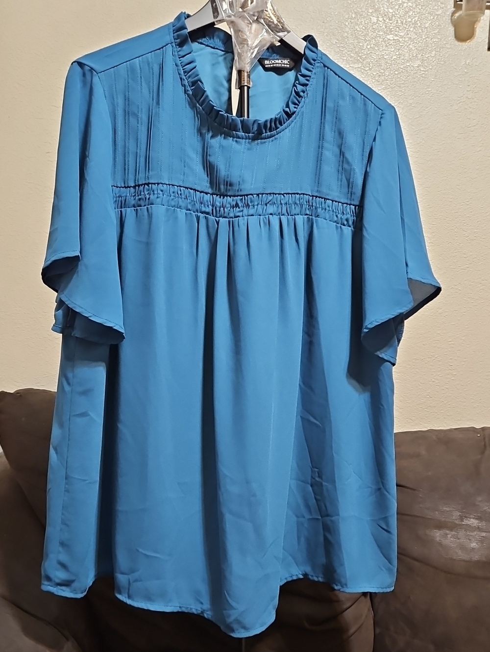 BloomChic Vibrant Blue Ruffle Yoke Flutter Sleeve Blouse